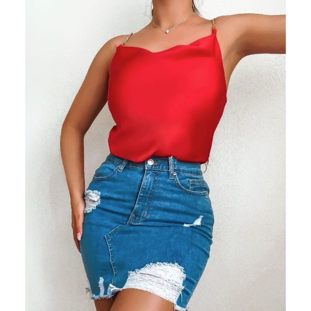 Red Satin Silk Sleeveless Chain Strap Cowl Neck Top Blouse - Picture 8 of 11
